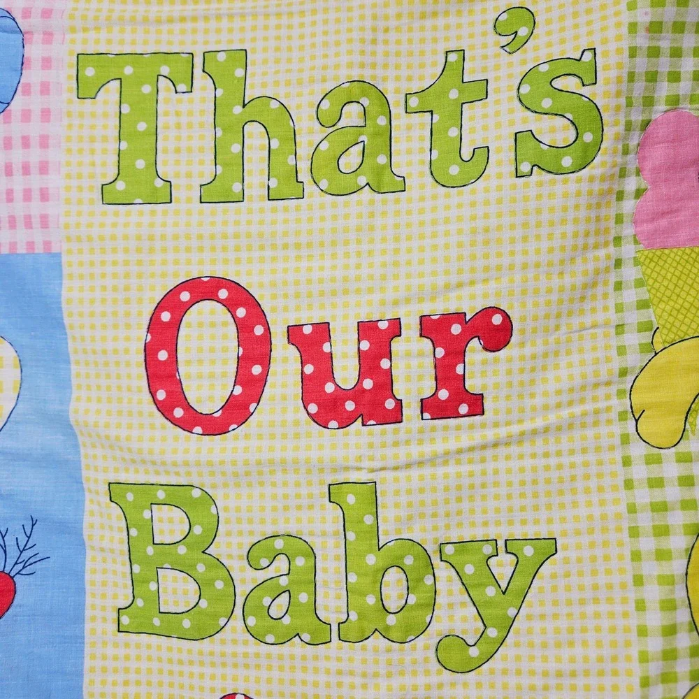 Vintage Thats Our Baby‎ Quilt Blanket Gingham Animal Patchwork Yellow Blue Retro
